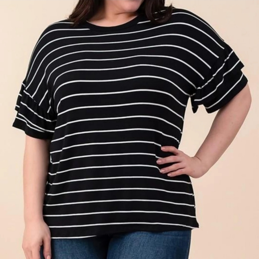 Short ruffled sleeves black and white striped top